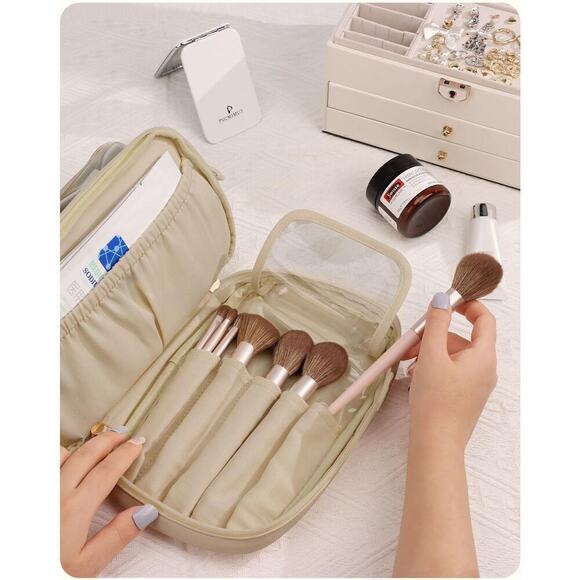 Clear Makeup Bag PU Leather Large Wide-Open Double Layer Cosmetic Bag - Picture 3 of 6